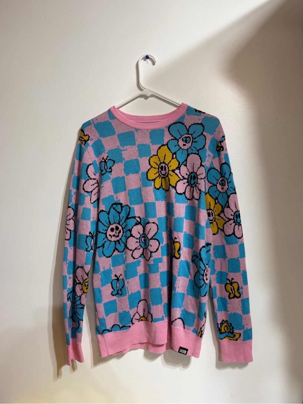 A-Lab Pastel Pink & Blue Checkerboard Floral Knit Sweater - Size S